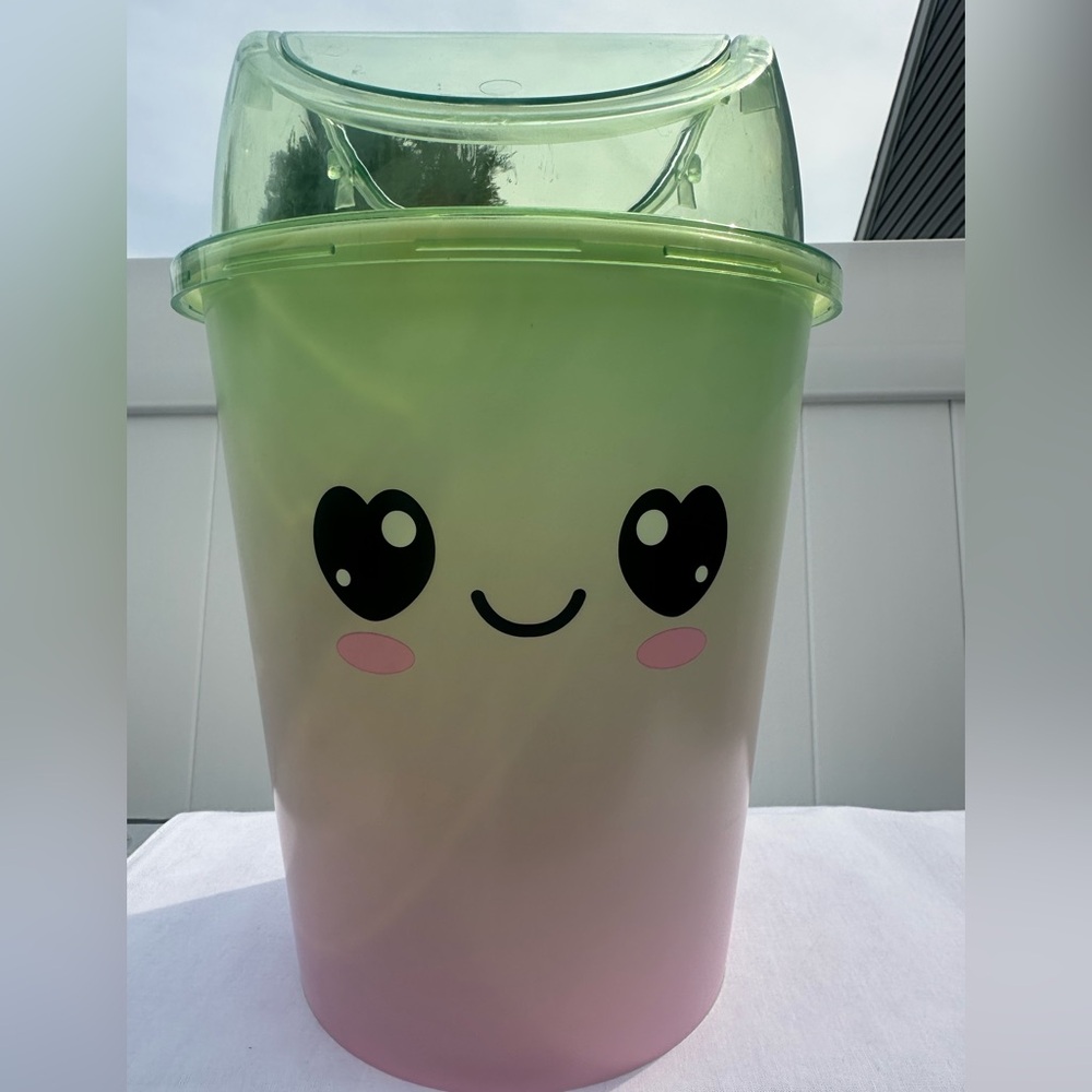 Cute Green and Pink Smiley desktop wastebasket.